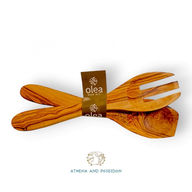Olive wood Greek salad server set spoon and fork 25cm handmade