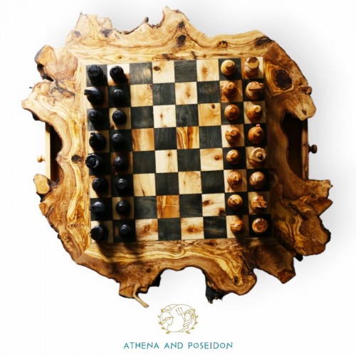 Επιτραπέζιο παιχνίδι σκάκι χειροποίητο από ξύλο ελιάς με συρτάρια και πόδια