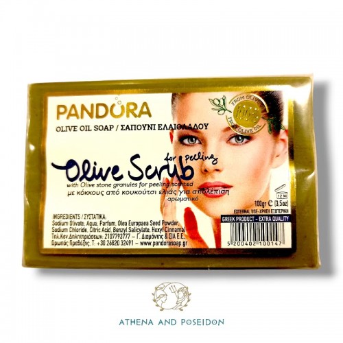 Pandora Olive Oil Scrub soap with olive kernel granules for peeling, scented (100gr, 3.5 fl.oz)