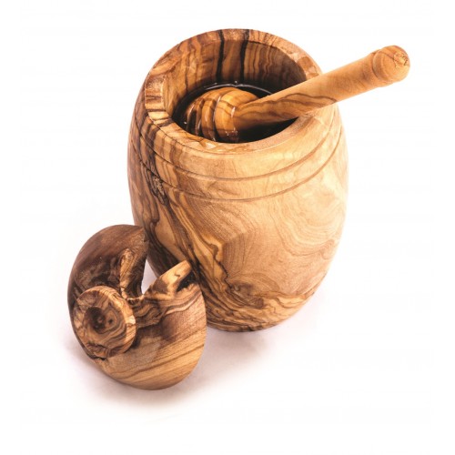 Honey vase with a honey dipper from olive wood